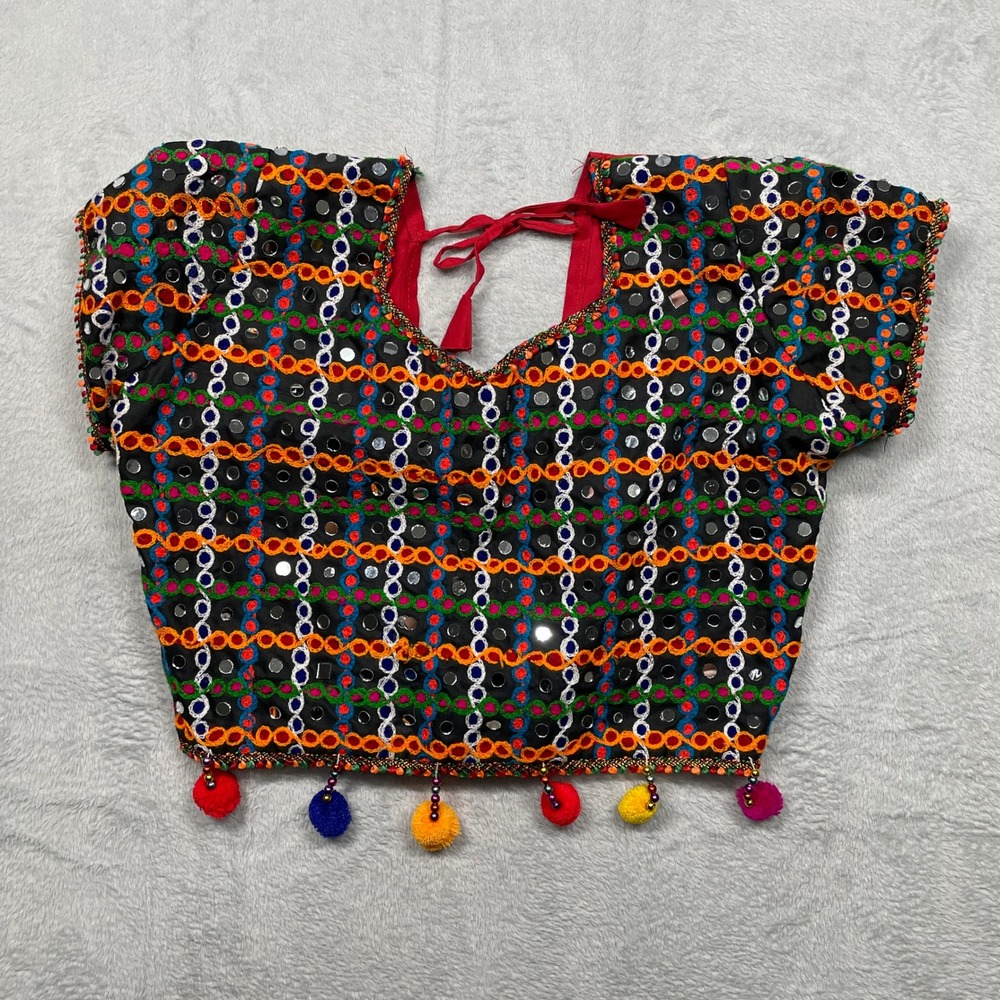 Choli Blouse Women M Multicolor Mirror Work Pom Pom Boho Festival